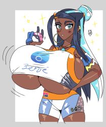 1girls alternate_breast_size big_breasts blue_eyes blue_hair bottomwear breast_expansion breasts dark-skinned_female dark_skin earrings easybee female female_only game_freak gym_leader gym_uniform huge_breasts large_breasts long_hair nessa_(pokemon) pokeball pokemon pokemon_ss shorts solo solo_female thick_thighs thighs topwear