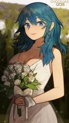 1girls alternate_costume blue_eyes blue_hair bouquet breasts bride byleth_(fire_emblem) byleth_(fire_emblem)_(female) chocojax cleavage earrings female female_only fire_emblem fire_emblem:_three_houses nintendo smile solo teal_hair wedding_dress