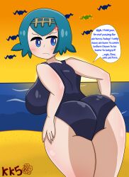 alolanfirestone alternate_breast_size annoyed blue_eyes blue_hair female headband highres huge_ass huge_breasts lana_(pokemon) large_breasts mob_face nintendo ocean pokemon pokemon_sm sunset swimsuit swimwear