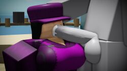 1boy 1girls 3d arsenal_(rolve) artist_request beach blowjob clothed_female_nude_male cum cum_in_mouth fellatio female hidden_eyes huge_breasts huge_cock kneeling labourer_(rolve) male on_knees outdoors outside public purple_outfit roblox roblox_game robloxian rolve source_request