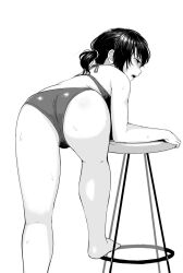 alternate_costume ass bare_arms bare_legs bare_shoulders barefoot bent_over bikini blush chair female from_behind fubuki_(kantai_collection) greyscale kantai_collection low_ponytail monochrome one-piece_swimsuit open_mouth ponytail satsuki_neko short_hair short_ponytail solo sweat swimsuit thighs white_background