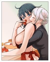 2girls apron ass breasts butt_crack byleth_(fire_emblem) byleth_(fire_emblem)_(female) edelgard_von_hresvelg female female_only fire_emblem fire_emblem:_three_houses food fr0zennnnnnet highres hug hug_from_behind large_breasts multiple_girls naked_apron nieto_tokage nintendo post-timeskip sideboob silver_hair smile upper_body yuri