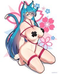 1girls absurdres animal_ears artist_name bad_feet barefoot between_breasts black_pasties blue_eyes blue_hair blush bondage bound_arms bound_legs breast_bondage breasts cat_ears cat_tail catgirl danfer3 embarrassed female frown hair_ornament hairclip highres kneeling large_breasts leena_(danfer3) long_hair looking_at_viewer nude original pasties restrained rope solo tail very_long_hair wide_hips x_pasties