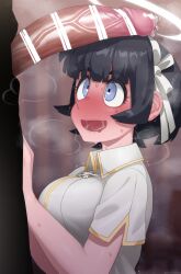 1boy 1girls azazel_(helltaker) big_breasts big_penis black_hair blue_eyes blush breasts censored clothing cock_hungry cute diadem excited eye_contact female fringe gigantic_penis hair_ornament happy heart-shaped_pupils helltaker imminent_deepthroat imminent_oral kneeling large_penis long_penis looking_at_penis male mizumizuni open_mouth oral penis petite precum seductive_mouth short_hair straight sweat teenager