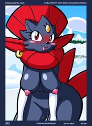 anthro background bent_over blush breasts earring earrings female female_only hanging_breasts lunaris_parukia pokemon pokemon_(species) pussy pussy_juice pussy_juice_drip solo tree weavile