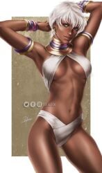 1girls african african_female armlet armpits blue_eyes bocas_top bracelets capcom dark-skinned_female dark_skin elena_(street_fighter) female fit_female large_breasts lixin_wang looking_at_viewer neck_ring short_hair street_fighter watermark white_hair