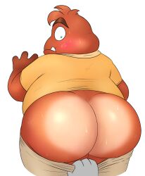 absurd_res anthro ass assisted_exposure big_butt blush bodily_fluids brown_body brown_skin chubby_anthro chubby_male clothing countershading disembodied_hand embarrassed exposed fan_character fangs forced goomba head_tuft hi_res huge_butt looking_back male mario_(series) nintendo nood1e noseless overweight overweight_anthro overweight_male pantsing shaded simple_background slightly_chubby superchub surprise sweat sweatdrop sweaty_butt tuft undressing video_games white_background wide_eyed