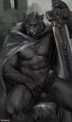 2022 anthro balls blaidd_(elden_ring) canid canine canis chunie digital_media_(artwork) elden_ring erection foreskin fromsoftware genitals hi_res holding_object holding_weapon looking_at_viewer male male_focus male_only male_solo mammal muscular muscular_anthro muscular_male nipples nude penis retracted_foreskin sitting solo solo_male weapon wolf