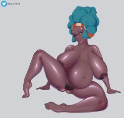 breasts dark-skinned_female dark_skin full_body hairy_pussy lenora_(pokemon) m_jr_art milf milk naked nintendo pokemon pokemon_bw pregnant squatting