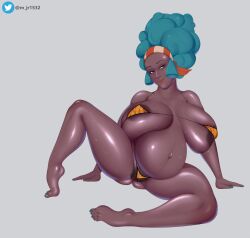 bikini breasts dark-skinned_female dark_skin full_body hairy_pussy lenora_(pokemon) m_jr_art milf milk naked nintendo pokemon pokemon_bw pregnant squatting