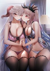 2girls asymmetrical_docking bare_thighs blonde_female blue_panties bra breast_press breasts cleavage face-to-face female female_only fire_emblem fire_emblem_heroes freyja_(fire_emblem) gdat grey_hair holding_hands horns hug huge_breasts indoors lamp large_breasts lingerie long_hair looking_at_another multicolored_hair multiple_girls negligee nightgown nintendo panties pink_panties plumeria_(fire_emblem) pointy_ears ponytail red_eyes smile thick_thighs thighhighs thighs underwear very_long_hair wholesome yuri