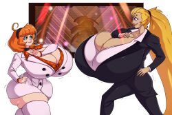 2girls big_ass big_breasts blonde_hair blue_eyes dancing enormous_breasts goro_majima_(cosplay) green_eyes hourglass_figure huge_ass huge_breasts hyper_breasts kiryu_kazuma_(cosplay) maddison_(spiralingstaircase) multiple_girls orange_hair ryuu_ga_gotoku spiralingstaircase suit thick_thighs