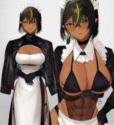 abs apron bikini black_hair blonde_hair breasts choker covered_navel dark-skinned_female dark_skin dress eyebrows_visible_through_hair female gloves grey_background hair_between_eyes highres jacket large_breasts lilith_(lilycious) lilycious looking_at_viewer maid maid_apron maid_bikini maid_headdress mole mole_on_breast mole_under_mouth multicolored_hair muscular muscular_female original pointy_ears short_hair simple_background smile solo streaked_hair swimsuit two-tone_hair watermark yellow_eyes