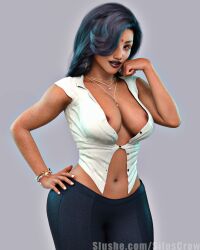 1girls 3d anaya_(siluscrow) black_hair clothed clothing dark-skinned_female dark_skin earrings female female_only glasses hoop_earrings large_breasts long_hair looking_at_viewer nipple_bulge nipple_slip no_bra office_lady original original_character pinup siluscrow skirt slushe_(website) solid_color_background solo solo_female standing wardrobe_malfunction wide_hips