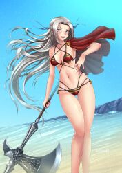 1girls adsouto alternate_costume ass_visible_through_thighs axe bad_link beach bikini blonde_hair blue_eyes blush breasts cape clear_sky cleavage day edelgard_von_hresvelg female female_only fire_emblem fire_emblem:_three_houses hair_ribbon highres large_breasts long_hair looking_at_viewer midriff navel nintendo ocean open_mouth outdoors red_bikini red_swimsuit revealing_clothes ribbon shoulder_cape silver_hair simple_background sky smile solo swimsuit water