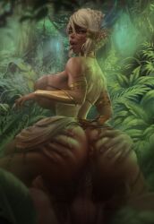 amazon ass_focus ass_grab asshole back_view blonde_hair blue_eyes bouncing_breasts bubble_ass bubble_butt cowgirl_position dark-skinned_female ecchioni elf elf_ears feathers feet_on_legs female_focus fillia_einhart gold_jewelry jungle large_ass large_breasts large_penis looking_at_viewer looking_back muscular_female outside partially_clothed penetration pointy_ears puckered_anus puckered_butthole riding riding_penis sex spread_legs straddling tattoo tongue_out tribal_markings tribal_tattoo wood_elf