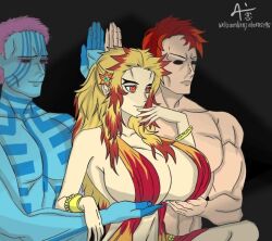 2boys akaza_(kimetsu_no_yaiba) breasts crossover demon_slayer female genderswap_(mtf) holding_breast kamado_tanjirou kimetsu_no_yaiba large_breasts meme multicolored_hair multiple_boys rengoku_kyoujurou rule_63 servants_holding_aphrodite's_breasts_(meme)