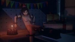 1girls 3d against_wall bioshock bioshock_infinite birthday birthday_cake bondage candle dildo dildo_in_pussy dildo_penetration elizabeth_comstock fanart female female_only femsub fucking_machine indoors medium_breasts naked nude nude_female restrained seated sex_machine sex_toy sitting slushe_(website) solo solo_female tetriandoch vaginal_penetration