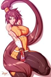 1girls bodysuit breasts brown_eyes brown_hair covered_nipples dungeon_and_fighter dungeon_fighter_online female fingerless_gloves gloves kneeling large_breasts muscular muscular_female ponytail sleeveless solo striker_(dungeon_and_fighter) svenners thick_thighs very_long_hair