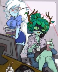 2girls adventure_time antlers blue_skin boba_tea boobs books breast_support carrying carrying_object cartoon_network centinel303 cleavage crossed_legs detailed_background duo female female_focus female_only glasses graph green_eyes green_hair green_skin hair hair_bun huntress_wizard ice_queen_(adventure_time) jealous jealousy leaf_hair long_hair looking_at_another mask masked masked_female multiple_girls office office_chair office_lady pencil_skirt phone sitting sitting_on_chair thick_thighs thighhighs tight_clothing tight_fit unbuttoned_shirt white_eyes white_hair wooden_antlers