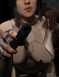 1boy 1girls 3d close-up clothed dark-skinned_male dark_skin domination female ghost_in_the_shell ghost_in_the_shell_(2017) gun hidden_eyes interracial kusanagi_motoko large_breasts male pale-skinned_female scarlett_johansson skoobrya suggestive