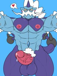 abs anthro balls bara big_balls blue_background blue_body bodily_fluids boner castrodour erection genital_fluids genitals hair heart hi_res horn humanoid_genitalia humanoid_penis legendary_pokémon male male_only muscular muscular_anthro muscular_male nintendo nipples nude pecs penis pokémon_(species) pokemon precum pubes simple_background solo solo_male thick_thighs thundurus thundurus_(therian_form) video_games white_hair