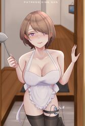 1girls apron apron_only big_breasts blush breasts cleavage clothed clothed_female female gibb_san greeting heart-shaped_pupils heart_eyes honkai_(series) honkai_impact honkai_impact_3rd light-skinned_female light_skin looking_at_viewer mole_under_eye naked_apron nipple_bulge open_door pleasure_face pleasured pov pussy_juice pussy_juice_drip rita_rossweisse seductive seductive_look seductive_smile soup_ladle sweat sweatdrop thick_thighs thighhighs vibrator vibrator_in_thigh_strap vibrator_under_clothes