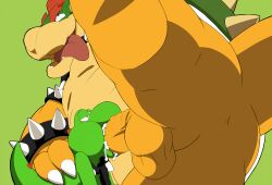 absurd_res anthro ass balls big_dom_small_sub bodily_fluids bowser cum cum_in_mouth dragon duo erection eto1212 fellatio genital_fluids genitals green_yoshi hi_res humanoid_genitalia humanoid_penis koopa male male/male male_only mammal mario_(series) nintendo open_mouth oral overweight overweight_male penis protagonistsub_antagonistdom reptile scalie sex small_sub_big_dom smile video_games yoshi yoshi_(character)