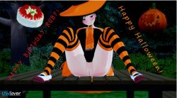 2021 3d alternate_costume birthday birthday_cake black_hair blush female halloween jack-o'-lantern koikatsu legs_apart no_panties picnic_table ruby_rose rwby silver_eyes striped_legwear uwlover witch_costume witch_hat