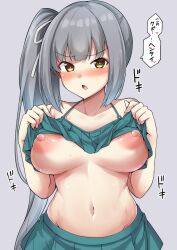 alternate_breast_size bikini bikini_lift bikini_skirt blush breasts breasts_out bright_pupils brown_eyes chestnut_mouth clothes_lift collarbone female frilled_bikini frills green_bikini grey_background heart highres kantai_collection kasumi_(kantai_collection) kokutou_nikke large_breasts long_hair looking_at_viewer navel nipples official_alternate_costume older open_mouth side_ponytail silver_hair solo speech_bubble spoken_heart swimsuit translated tsundere upper_body