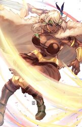 abs action_pose amazon blonde_hair blue_eyes bracelet bracelets cleavage dark-skinned_female dark_elf earrings feathers fillia_einhart fur_cape gold_jewelry headband large_breasts muscles muscular muscular_female necklace original_character scar_on_cheek swinging sword tattoo thigh_boots tribal_markings tribal_tattoo