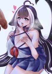 after_oral chussy cum cum_in_mouth disembodied_penis female hands_on_breasts indie_virtual_youtuber large_breasts long_hair male panting penis shylily tail tattoo virtual_youtuber