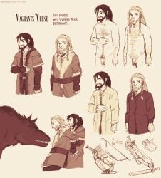 2boys apfelgranate body_hair bow braid english_text fili flaccid hobbit kili knife lord_of_the_rings male male_only monochrome nude pubic_hair reference_sheet sword the_hobbit wolf