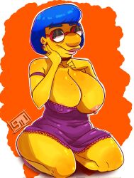 1girls big_breasts blue_hair glasses huge_breasts lingerie looking_to_the_side luann_van_houten mature mature_female mature_woman milf mother negligee seanmalikdesigns the_simpsons thick_thighs yellow_skin