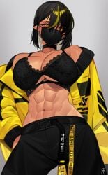 abs belt belt_buckle black_hair blonde_hair bra breasts buckle choker cowboy_shot dark-skinned_female dark_skin female grey_background highres large_breasts lilith_(lilycious) lilycious looking_at_viewer mask multicolored_hair navel original pointy_ears short_hair simple_background solo streaked_hair two-tone_hair underwear