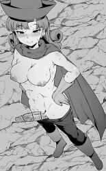 1futa abs alena_(dq4) bar_censor blush boots breasts cape censored closed_mouth clothing curly_hair dragon_quest dragon_quest_iv earrings erection female futa_only futanari gloves greyscale hand_on_hip hat high-angle_view highres human jewelry large_breasts light_skin long_hair looking_at_viewer makin_tama medium_breasts monochrome nipples nude pale_skin penis short_hair smile solo standing sweat