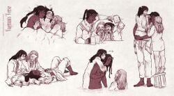 1girls 2boys apfelgranate beard beer bisexual_male blush body_hair carrying drunk facial_hair fili flat_chest hobbit kili kissing long_hair lord_of_the_rings monochrome nude partially_submerged size_difference smaller_male stool tan_skin tauriel the_hobbit