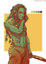 apfelgranate blood earrings female green_skin long_hair lord_of_the_rings medium_breasts navel palette piercing pointy_ears solo tattoo tauriel the_hobbit topless weapon wiping_mouth yellow_sclera