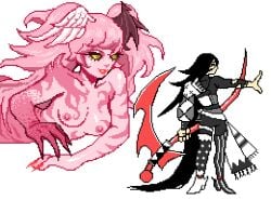 1boy 1boy1girl 1girls androgynous black_hair danganronpa danganronpa_2:_goodbye_despair green_eyes izuru_kamukura junko_enoshima long_fingernails long_hair_male nude pink_hair pixel_art ren_valentine straight_hair tagme transparent_background twintails yellow_sclera