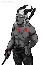 apfelgranate butch dragon_age grey_skin hand_on_hip horns inquisitor_(dragon_age) masculine_female medium_breasts qunari staff tattoo topless white_background white_hair