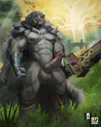 2022 anthro armor balls big_penis biped blaidd_(elden_ring) boots canid canine canis cape clothing detailed_background digital_media_(artwork) elden_ring erection footwear fromsoftware fur gauntlets genitals gloves greatsword grey_body grey_fur handwear hi_res holding_object holding_sword holding_weapon humanoid_genitalia humanoid_penis male male_focus male_only male_solo mammal melee_weapon muscular muscular_anthro muscular_male nexus outside penis purple_eyes solo solo_male sword video_games weapon wolf