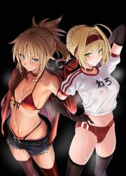 2girls arm_up armpits big_breasts bikini bikini_under_clothes blonde_hair breasts bukkake buruma covered_nipples cum cum_everywhere cum_on_breasts cum_on_thighs denim_shorts fate/extra fate/grand_order fate_(series) gym_uniform hand_on_hip jacket mordred_(fate) multiple_girls nero_claudius_(fate) see-through small_breasts sports_uniform standing thighhighs ulrich_(tagaragakuin)