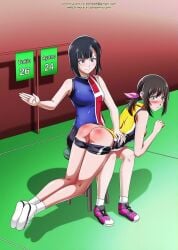 !! animated ayano_hanesaki black_hair blushing embarrassed gif green_eyes hand_up hanebado! jiggling_ass large_ass legs_up long_hair looking_back over_the_knee_spanking palcomix purple_eyes shiwahime_yuika smiling spanked_butt spanking tagme video volleyball_uniform