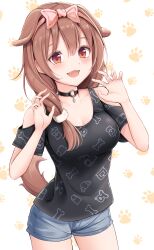 1girls absurdres animal_girl breasts brown_eyes brown_hair choker fangs female hatsanxp highres hololive hololive_gamers hololive_japan inugami_korone looking_at_viewer open_mouth shirt shorts smile solo tail virtual_youtuber