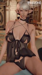 3d ameliance_leveilleur choker elezen elf_ears final_fantasy final_fantasy_xiv foulveins lingerie negligee panties pointy_ears short_hair solo solo_female solo_focus square_enix white_hair