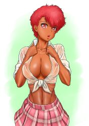 1girls 2011 big_breasts blouse breasts cleavage collared_blouse collared_shirt curvaceous dark-skinned_female dark_skin dirty_pair erect_nipples erect_nipples_under_clothes female female_only hi_res human kei_(dirty_pair) large_breasts lips looking_at_viewer midriff nipple_bulge nipples nipples_visible_through_clothing no_bra red_eyes red_hair renko_(gayosiz) school_uniform see-through see-through_clothing shirt short_hair skirt solo tied_shirt wing_collar