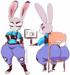 anthro ass big_ass big_butt clothed clothing comic computer disney female fur furry furry_only huge_ass judy_hopps kiseff large_ass police_uniform rabbit rough_sketch tail thick_thighs wide_hips zootopia zootropolis