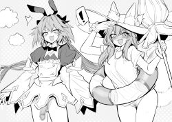 1boy 1girls animal_ears astolfo_(fate) astolfo_(saber)_(fate) bangs blush breasts fate/grand_order fate_(series) female femboy fox_ears fox_girl fox_tail girly greyscale hat highres large_breasts long_hair looking_at_viewer low_twintails male monochrome open_mouth otoko_no_ko penis smile sun_hat tail tamamo_no_mae_(fate) thighs trap twintails wisespeak