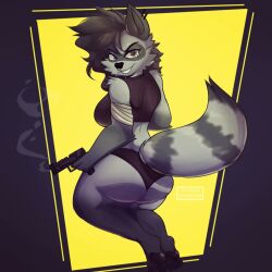 1girls animal anthro artist_request ass ass_focus back_view behind big_ass curvy_female curvy_figure curvy_hips female female_only furry gun huge_ass huge_butt pornography raccoon raccoon_tail rear_view round_ass round_butt showing_ass slutty_outfit smoking_gun solo thick_ass