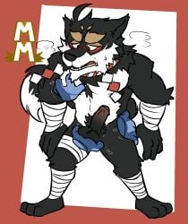 another_eidos_of_dragon_vein_r anthro ball_fondling balls black_body black_fur blush canid canine canis disembodied_hand domestic_dog erection fondling fur genitals groping_chest hanzo_(anothereidos_r) hi_res male male_only mammal pecs penis torquewintress